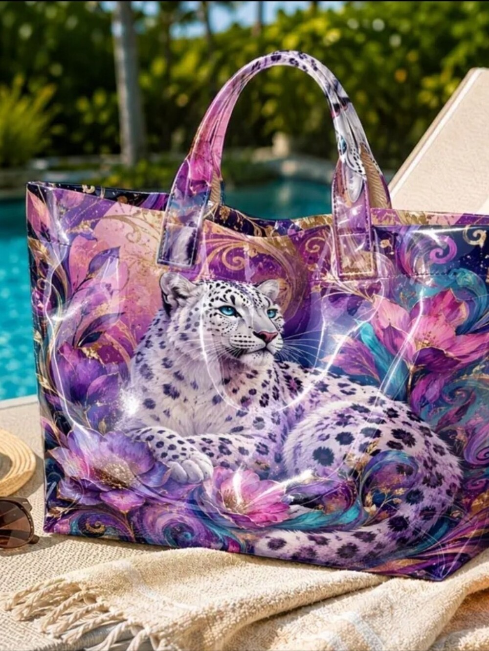 Women Beautiful Snow Leopard PVC Tote Daily Commute Hand Bag Large - Picture 6 of 9